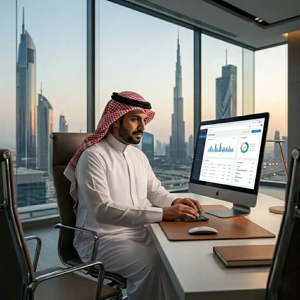  رجل أعمال سعودي يعمل على لابتوب يدرس ماجستير أونلاين في بيئة حديثة 